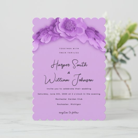 inspirierte lila Blumenhochzeit Einladung (Stehend Vorderseite)