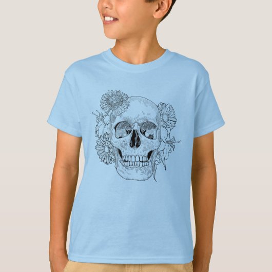 Inspirierter Schädel und Blumen T-Shirt (Vorderseite)