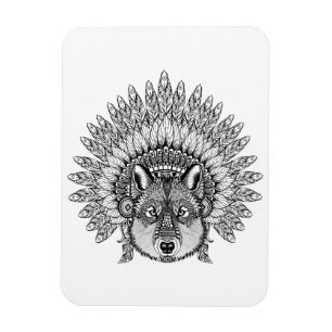 Inspirierter Wolf in gefiederter Kriegs-Haube Magnet
