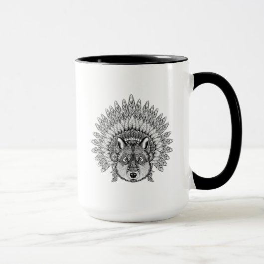 Inspirierter Wolf in mit Federn versehener Tasse (Rechts)