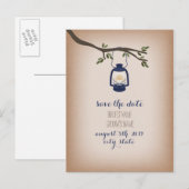 Inspiriertes Blue Camping Lantern Datum Ankündigungspostkarte (Vorne/Hinten)