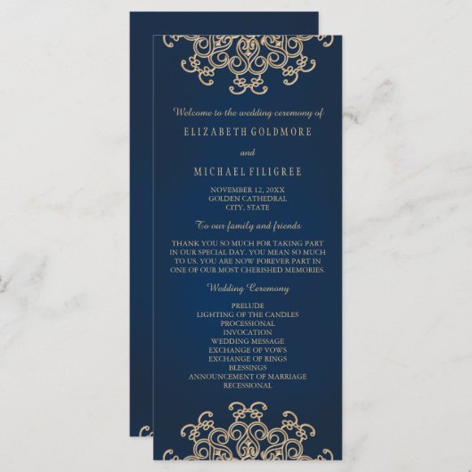Inspiriertes Hochzeitsprogramm für Navy und Gold Programm (Vorne/Hinten)
