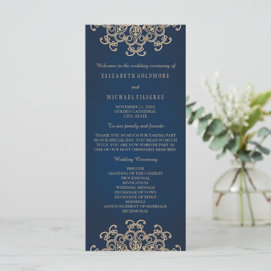 Inspiriertes Hochzeitsprogramm für Navy und Gold Programm (Stehend Vorderseite)