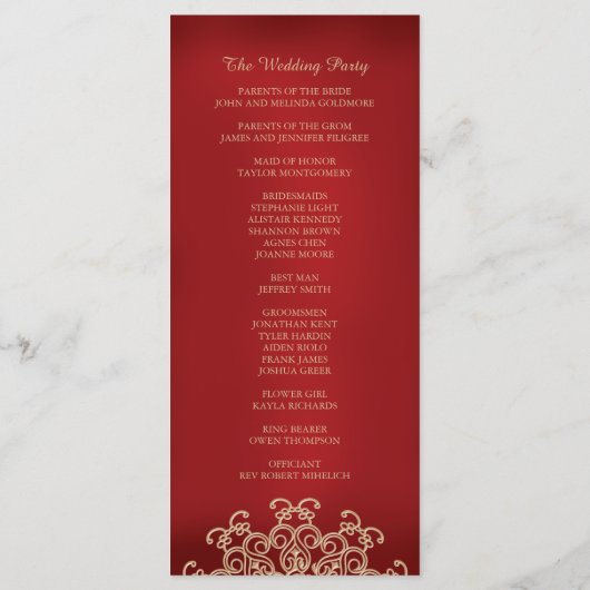 Inspiriertes Hochzeitsprogramm für Rot und Gold Programm (Rückseite)
