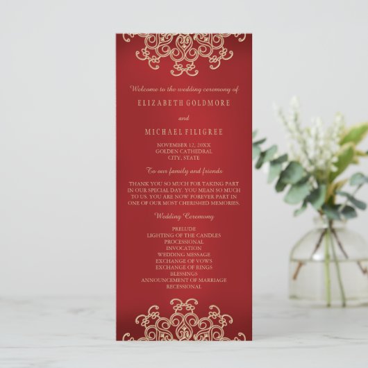 Inspiriertes Hochzeitsprogramm für Rot und Gold Programm (Stehend Vorderseite)