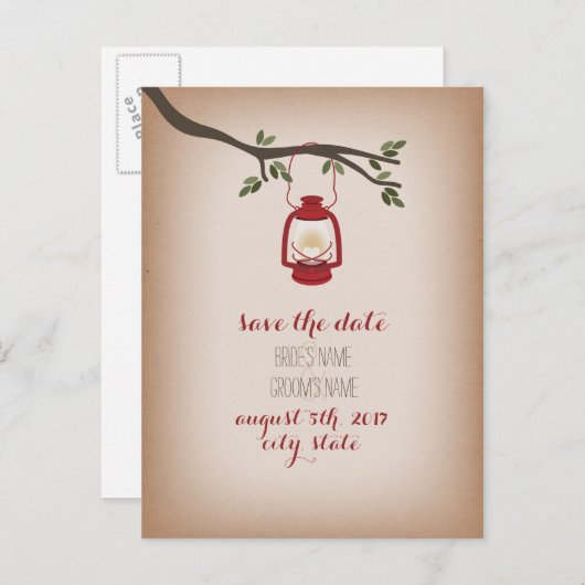 Inspiriertes Red Camping Lantern Datum Ankündigungspostkarte (Vorne/Hinten)