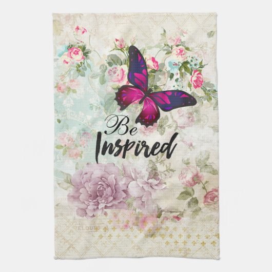 Inspiriertes Zitat & Rosa Schmetterling Shabby Col Küchentuch (Vertikal)