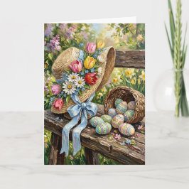 Inspiring Spring Floral Hat Easter Colourful Eggs Feiertagskarte