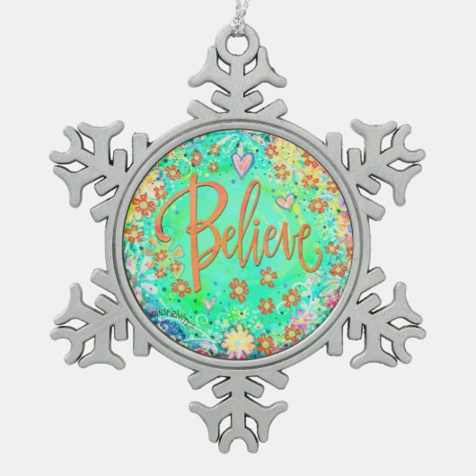 Inspirivity von "Belive" Schneeflocken Zinn-Ornament (Vorderseite)