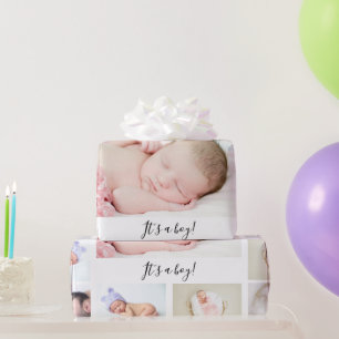 Instagram Baby Foto Collage Geburt auf Weiß Geschenkpapier