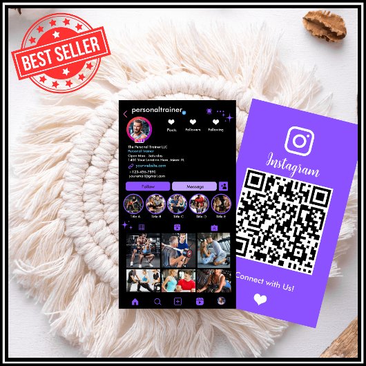 Instagram Connect mit uns Lila Personal Trainer Visitenkarte