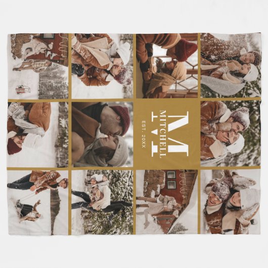 Instagram-FotoCollage | Boho Mustard Monogram Fleecedecke (Vorderseite (Horizontal))