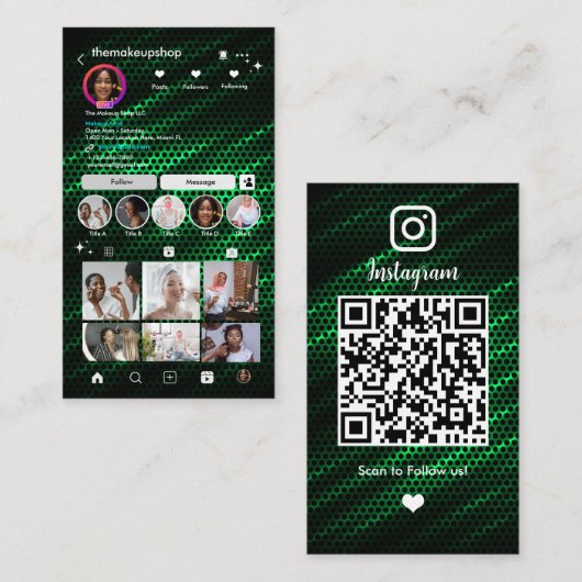 Instagram Green Honeycomb QR Code Social Media Visitenkarte (Vorne/Hinten)