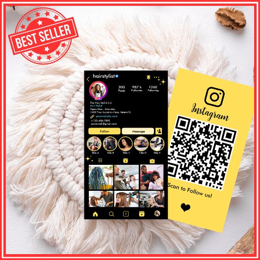 Instagram Hair Stylist Yellow QR Code Social Media Visitenkarte