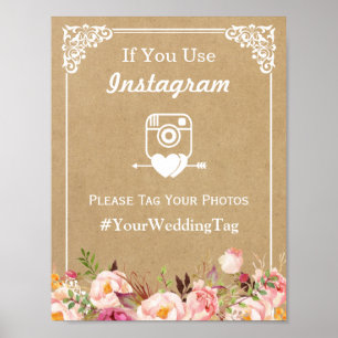 Instagram Hashtag Wedding Sign   Floral Kraft Poster