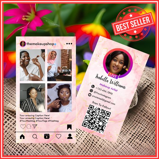 Instagram POST Makeup Artist Pink Marble QR Code Visitenkarte