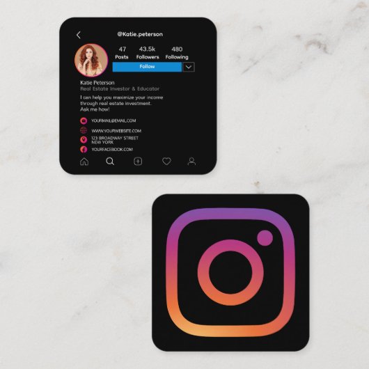 Instagram Social Media Profile Foto Quadratische Visitenkarte (Vorne/Hinten)