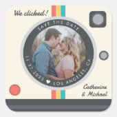 Instant Camera Couple Foto Save the Date einzigart Quadratischer Aufkleber (Vorderseite)