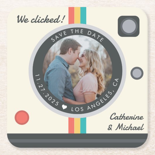 Instant Camera Couple Foto Save the Date einzigart Rechteckiger Pappuntersetzer (Vorderseite)