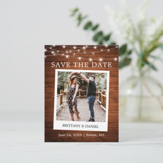 Instant Camera Foto Holzleuchten Save the Date Postkarte (Stehend Vorderseite)