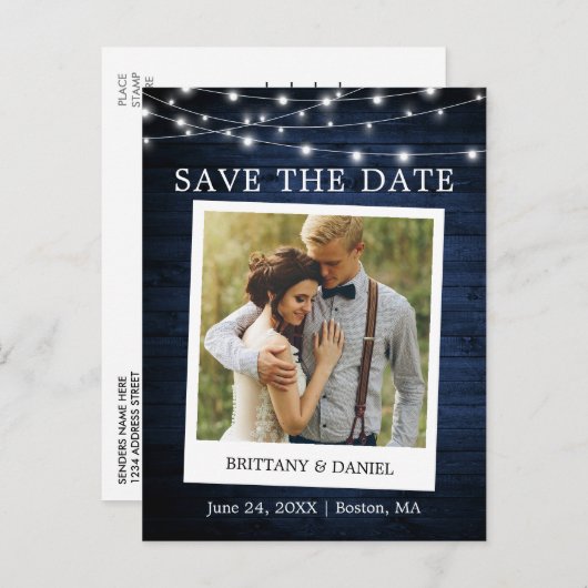 Instant Camera Foto Lights Wood Save the Date Postkarte (Vorne/Hinten)