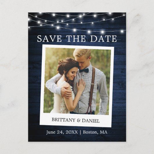 Instant Camera Foto Lights Wood Save the Date Postkarte (Vorderseite)
