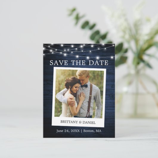 Instant Camera Foto Lights Wood Save the Date Postkarte (Stehend Vorderseite)