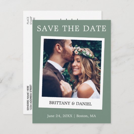 Instant Camera Foto Save the Date grün anzeigen Postkarte (Vorne/Hinten)