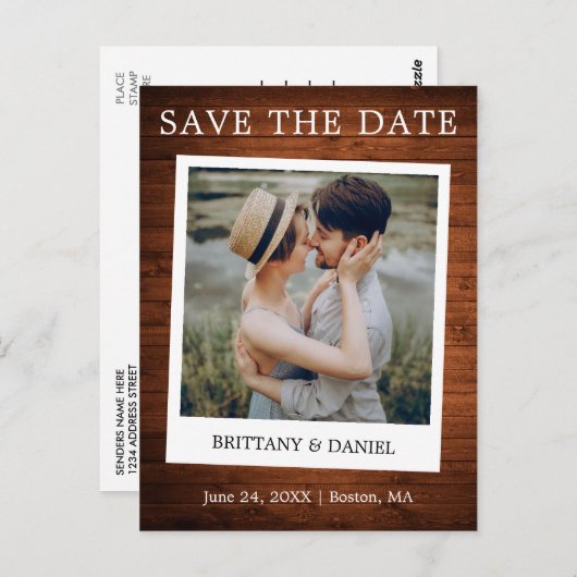 Instant Camera Style Foto Holz Save the Date Postkarte (Vorne/Hinten)