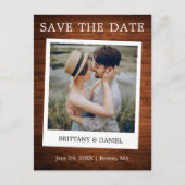 Instant Camera Style Foto Holz Save the Date Postkarte (Vorderseite)