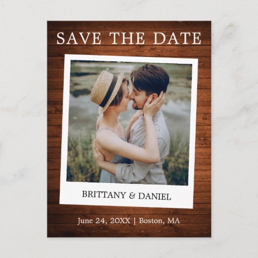 Instant Camera Style Foto Holz Save the Date Postkarte (Vorderseite)