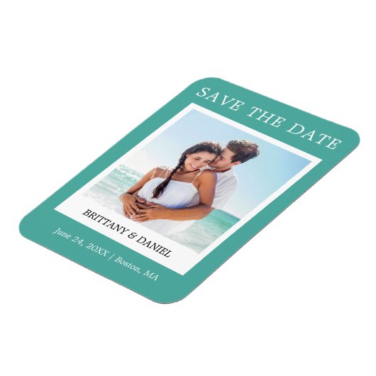 Instant Camera Style Foto Save the Date Aquamarin Magnet (Linke Seite)