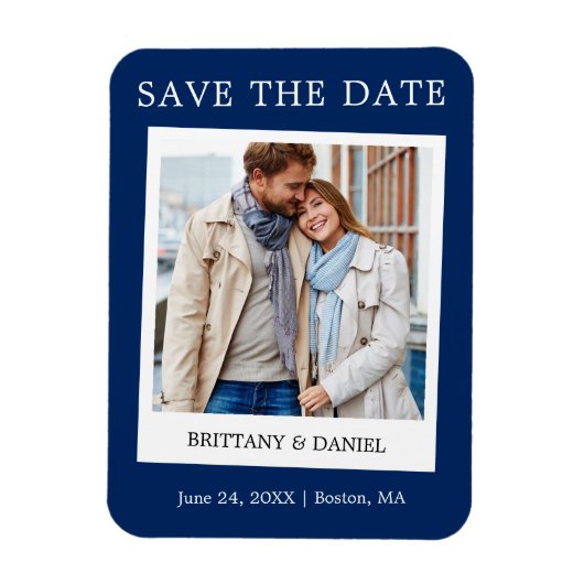 Instant Camera Style Foto Save the Date blau Magnet (Vertikal)