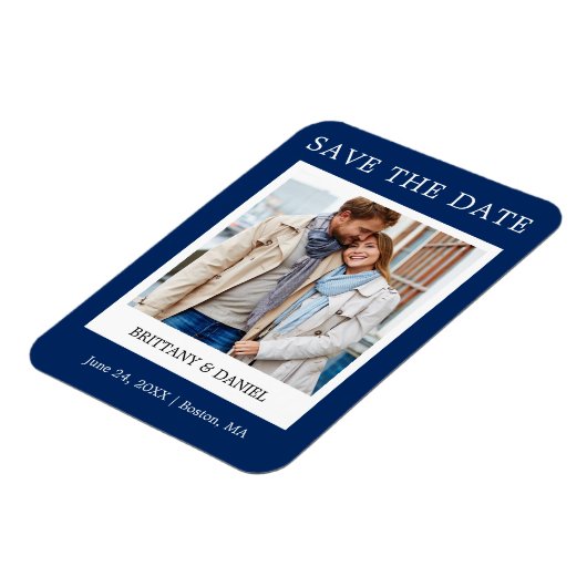 Instant Camera Style Foto Save the Date blau Magnet (Linke Seite)