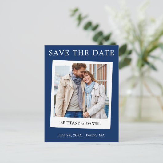 Instant Camera Style Foto Save the Date blau Postkarte (Stehend Vorderseite)
