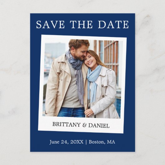 Instant Camera Style Foto Save the Date blau Postkarte (Vorderseite)