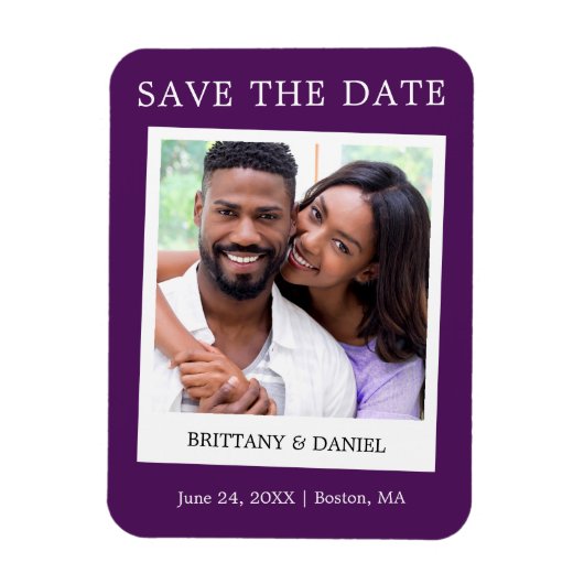Instant Camera Style Foto Save the Date Lila Magnet (Vertikal)