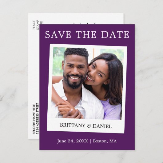 Instant Camera Style Foto Save the Date Lila Postkarte (Vorne/Hinten)