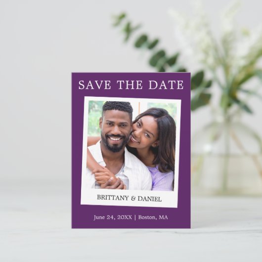 Instant Camera Style Foto Save the Date Lila Postkarte (Stehend Vorderseite)
