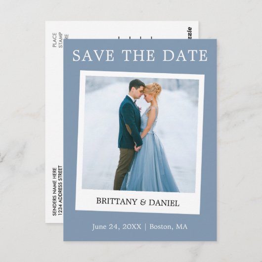 Instant Camera Style Save the Date Dusty Blue Postkarte (Vorne/Hinten)