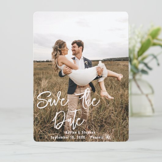 Instant Custom Script Personalisiert Foto Wedding Save The Date (Stehend Vorderseite)