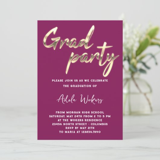 Instant Download Graduation Party Grad Berry Gold Einladung (Stehend Vorderseite)