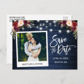 Instant Foto Blue Wood Floral Save the Date Postkarte (Vorne/Hinten)