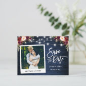 Instant Foto Blue Wood Floral Save the Date Postkarte (Stehend Vorderseite)