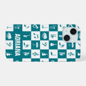 Instrumente für aquamarine und weiße Musiknoten iPhone 15 Hülle (Rückseite (Horizontal))