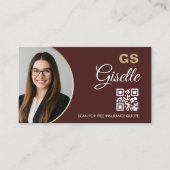 Insurance Agent Burgundy Gold Photo QR Code  Visitenkarte (Vorderseite)