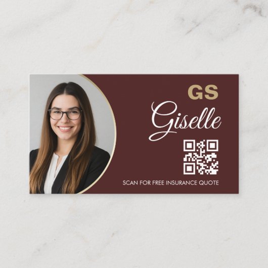 Insurance Agent Burgundy Gold Photo QR Code  Visitenkarte (Vorderseite)