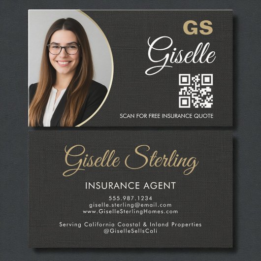 Insurance Agent Linen Black Photo QR Code Visitenkarte
