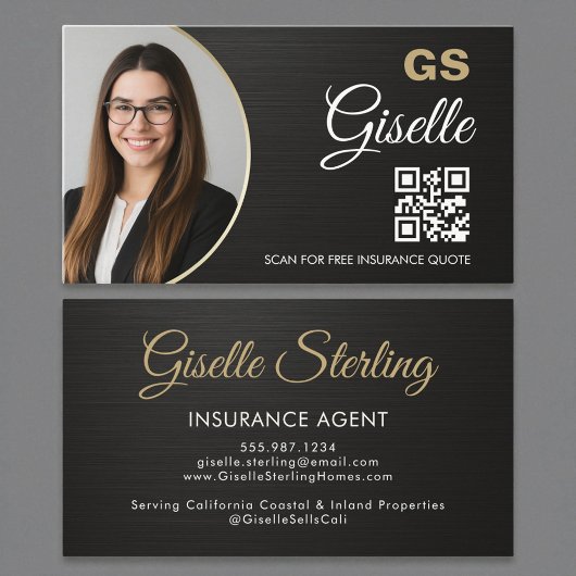 Insurance Agent Metallic Black Photo QR Code Visitenkarte