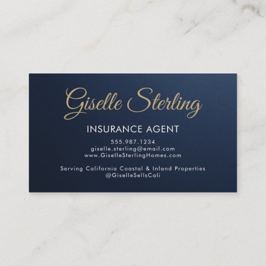 Insurance Agent Navy Blue Gold Photo Metallic Visitenkarte (Rückseite)